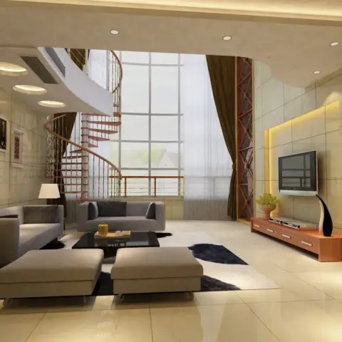 Render of a double-height living room where grey modular sofas and two ottomans sit on a black-and-white cowhide rug