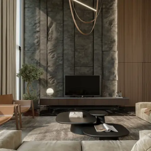Render of a double-height living room where a weathered stone-panel wall rises behind a low walnut console, with a leather-strap linear pendant