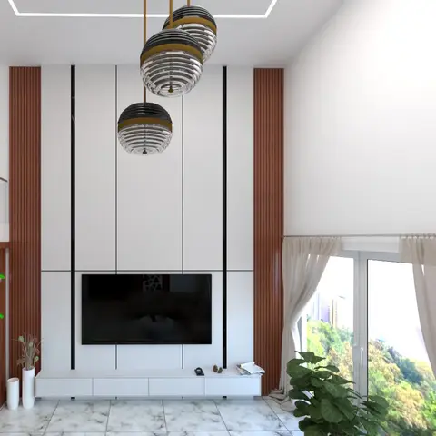 Render of a double-height living room with a fluted terracotta-wood TV feature wall, striped globe pendant lights