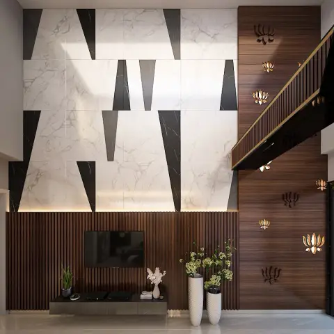 Render of a double-height living room TV wall: white marble slabs with angular black inlay wedges above a fluted walnut panel and floating console