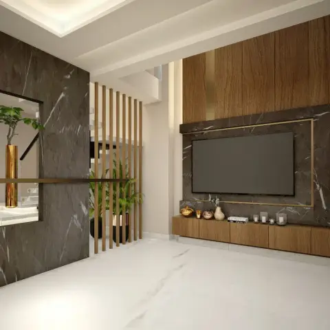 Render of a double-height living area where the TV sits in a brass-outlined frame on brown-veined marble, a floating teak console below it