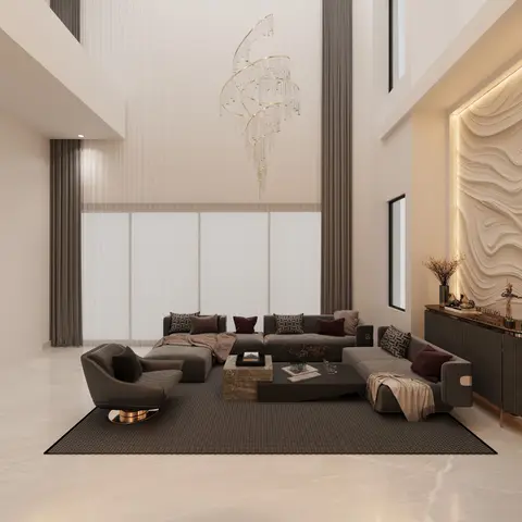 Render of a double-height living room: brown modular sofas and a swivel armchair around a low dark table with a stacked-marble plinth
