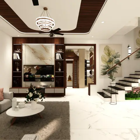 Render of a double-height living room with a grey sectional sofa facing a wood-and-marble TV unit, a floating staircase with an indoor planting bed beneath it