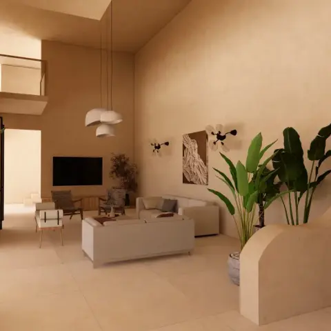 Render of a double-height living room finished throughout in warm sand lime plaster, with a curved sweeping parapet wall