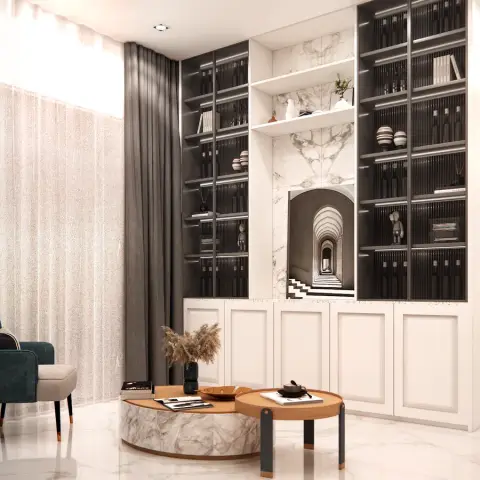 Render of a double-height living room where a black-lined library wall flanks a book-matched marble niche holding a print of an arched colonnade
