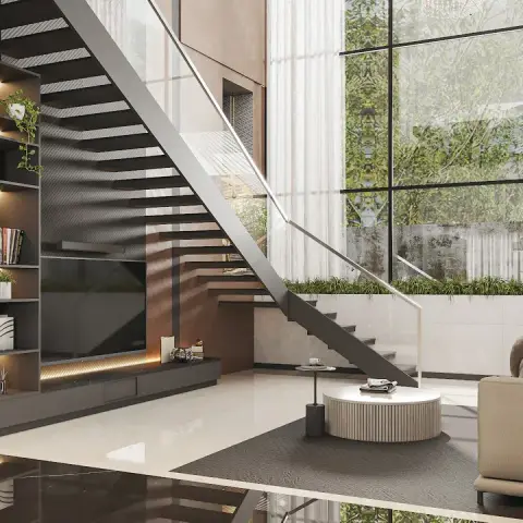 Render of a double-height living room with a staircase over a built-in TV console and bookshelf, floor-to-ceiling glazing, and a round fluted coffee table.