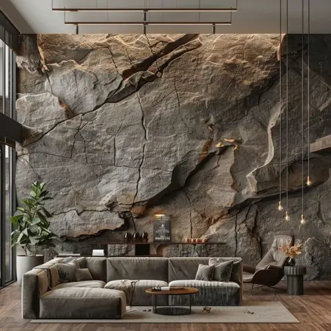 Render of a double-height living room where a raw fissured rock face covers the entire back wall, with a deep taupe sectional