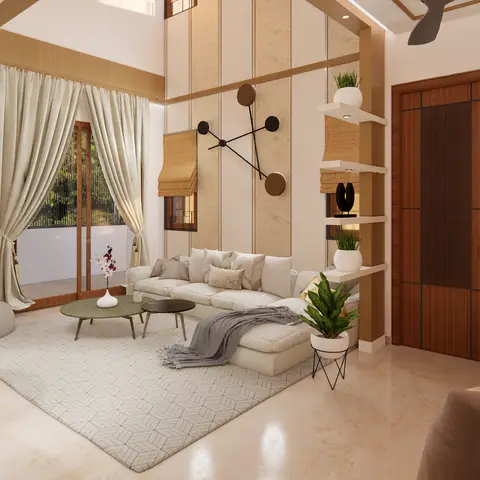 Render of a double-height living room with a marble and wood panelled feature wall, a triple globe pendant light, a wood-panelled main door
