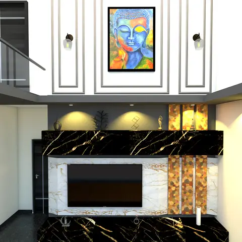 Render of a double-height living room TV wall in black-and-gold marble cladding with a mosaic amber accent strip, wall sconces
