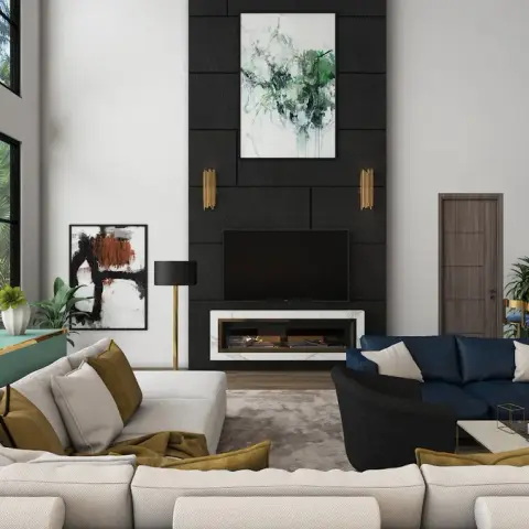 Render of a double-height living room with a black stone fireplace-TV feature wall, a teal console, navy and cream sectional sofas