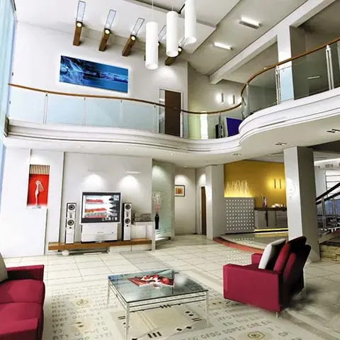 Render of a double-height living room with a mezzanine balcony, spiral staircase, and deep red sofas around a glass coffee table.