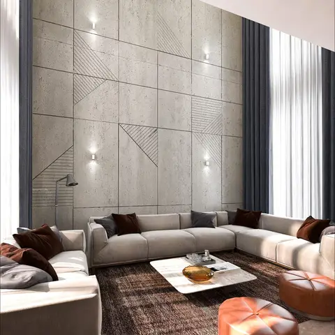 Render of a double-height living room with a textured concrete accent wall etched in geometric lines, a large grey sectional sofa, and a marble coffee table.