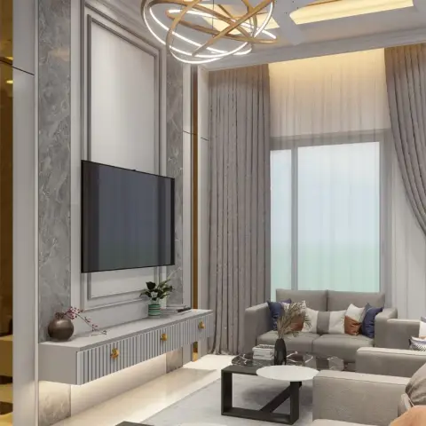 Render of a double-height living room with a marble TV feature wall in moulded panelling, a sculptural gold ring chandelier