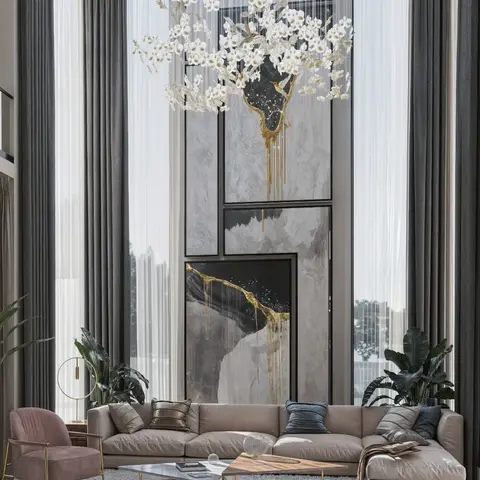 Render of a double-height living room with a floor-to-ceiling marble and gold-drip art panel wall, a dramatic floral branch chandelier
