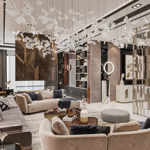 Render of a double-height living room where a river of clear glass petals streams across the ceiling above beige velvet sofas, a linear fire
