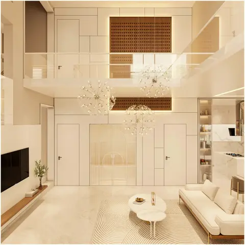 Render of a double-height luxury living room with a cream sofa, round marble coffee tables, three dandelion crystal chandeliers