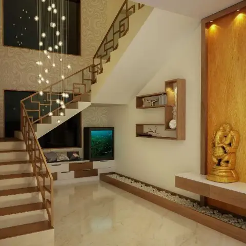 Render of a double-height villa foyer: a cascading globe chandelier down the stairwell