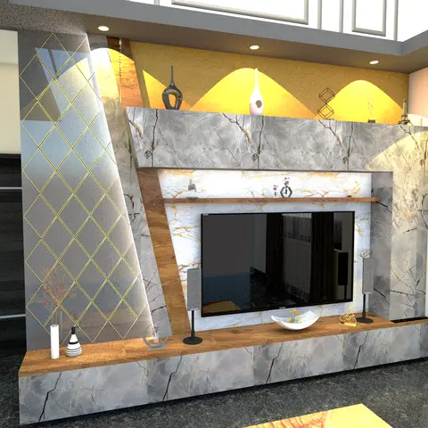 Render of a dramatic TV feature wall in book-matched grey-and-gold veined marble with a diagonal wood inlay, a mirrored gold-grid accent panel beside it