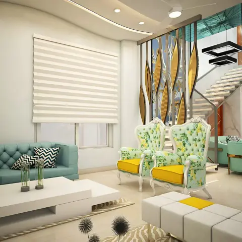 Render of a duplex living room with a turquoise tufted sofa, two floral-upholstered French armchairs with yellow seats