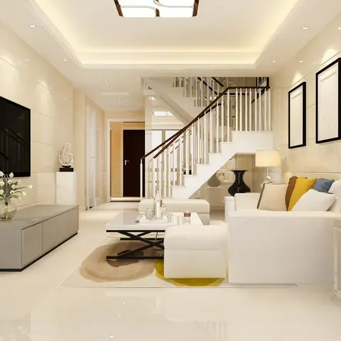 Render of a duplex living room in cream marble-clad walls, with a white L-sectional carrying mustard and blue cushions