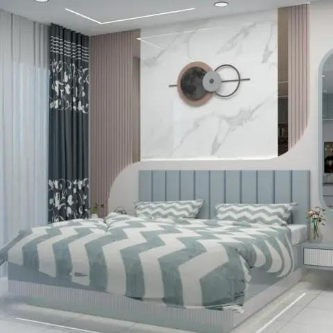 Render of a dusty-blue bedroom with a channel-panelled headboard against a white marble slab backdrop, a capsule mirror over a floating console