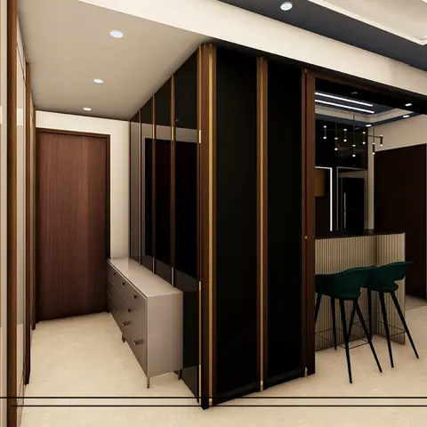 Render of a flat's inner lobby: a grey high-gloss chest of drawers against a black glass partition ribbed with brass strips