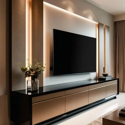 Render of a floating TV console in bronze-mirror shutters with a black gloss carcass