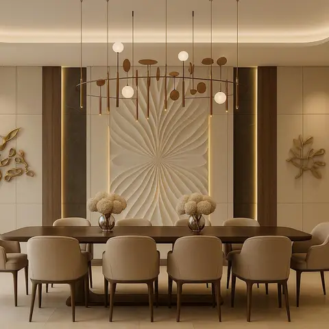 Render of a formal dining room with a dark wood table seating ten beneath a sculptural brass-and-glass-orb chandelier