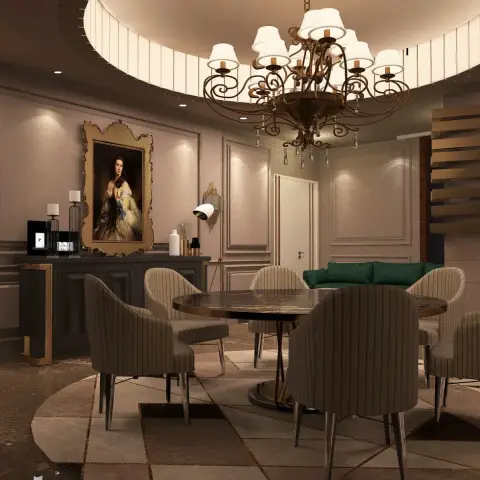 Render of a formal dining room: a round bronze-rimmed marble table with eight fluted taupe chairs under a scrolled wrought-iron candle chandelier