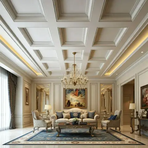 Render of a formal drawing room under a deep two-tone coffered ceiling, a crystal chandelier over a carved cream sofa