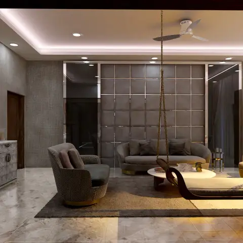 Render of a formal drawing room built around a brass-chain jhoola swing in the centre, with a grid of grey upholstered wall panels behind the curved sofa