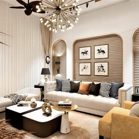 Render of a formal living room with a wave-textured beige feature wall, two arched gold-trim niches holding black-shade lamps