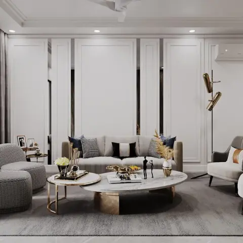 Render of a formal living room lined with white moulded wall panels and slim floor-to-ceiling mirror insets