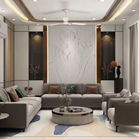 Render of a formal living room built around a carved white floral relief panel edged with rose-gold profile light