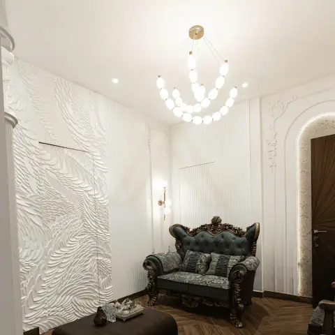 Render of a formal sitting room where a white sculpted feather-relief plaster wall meets fine white fluting, with a carved-frame teal tufted two-seater
