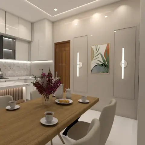 Render of a four-seat dining nook with a plain wood-top table and cream shell chairs, set against beige wall panels carrying slim vertical LED sconces