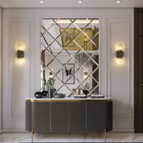 Render of a foyer console vignette: a diamond-bevelled mirror panel flanked by crystal-rod sconces