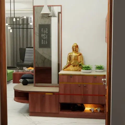 Render of a foyer shoe unit in red-toned wood with a full-height mirror panel, a rounded seat ledge