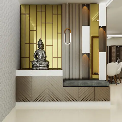 Render of a foyer where a silver Buddha sits on a chevron-fronted shoe cabinet against a gold mirror panel scored with a brass grid