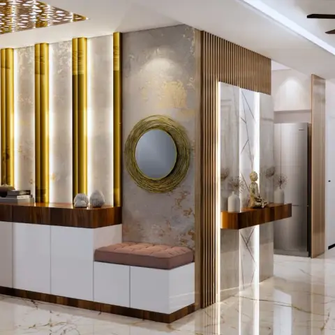 Render of a foyer where backlit gold half-round flutes rise over a white-and-walnut shoe bench, a rope-framed round mirror sits on gold-veined texture