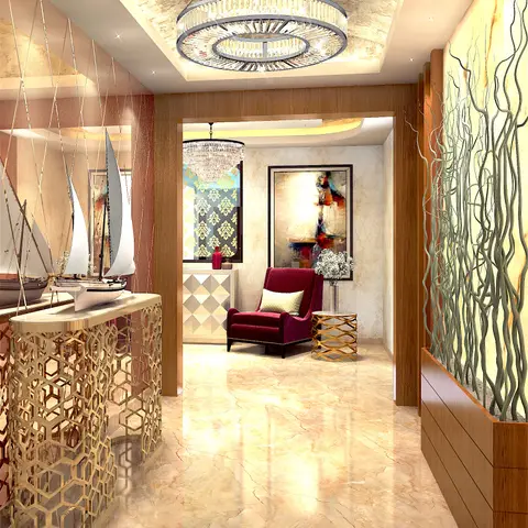 Render of a foyer with a gold hexagonal-fretwork console carrying model sailboats against a mirrored wall