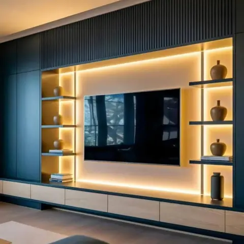 Render of a full-wall teal media unit with fluted panelling above, three warm-backlit open shelves holding stoneware vases on either side of the TV