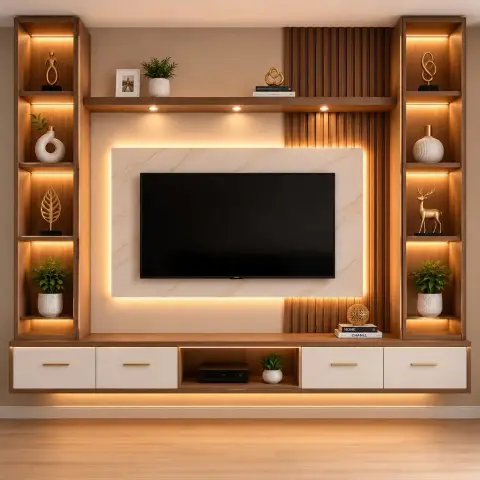 Render of a full-wall TV unit: backlit marble-look centre panel carrying the TV, flanked by two tall lit display towers of brass figures and ceramic vases