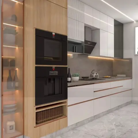 Render of a galley kitchen with a wood-veneer tall unit housing built-in oven and coffee machine, white gloss cabinets with copper trim, and a stone backsplash.