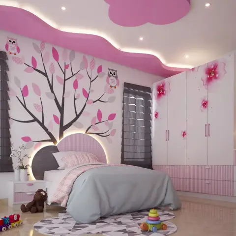 Render of a girl's bedroom with a pink cloud-edged curved ceiling, an owl-and-tree decal above an arched backlit headboard