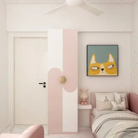 Render of a girl's room in blush and cream: a curved colour-block wardrobe with a single brass knob