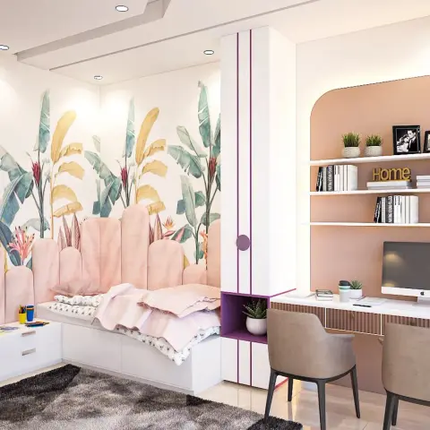 Render of a girl's room with blush arched upholstered panels behind a white storage bed, a watercolour banana-leaf mural