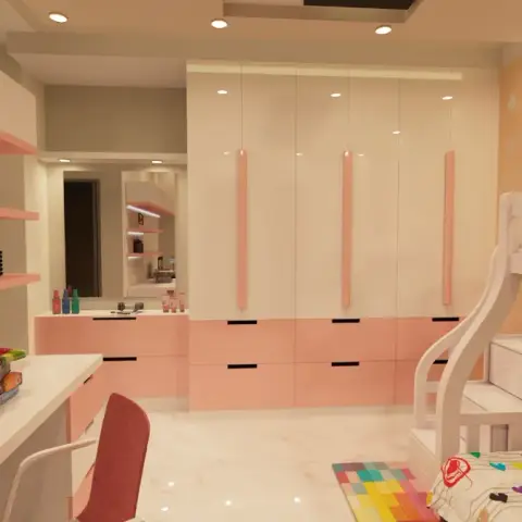 Render of a girls' bedroom in blush and white: a bunk bed with drawer-stair treads under a princess wall decal