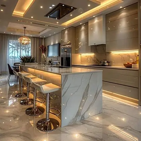 Render of a glossy open kitchen with a book-matched marble waterfall island, four chrome-base swivel bar stools and a ceiling-recessed extractor set into a