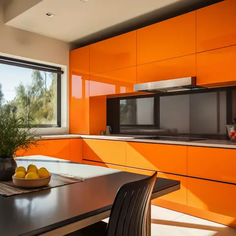 Render of a glossy orange handle-less kitchen with a black mirrored backsplash behind the cooktop, opening onto a black dining table set for two.